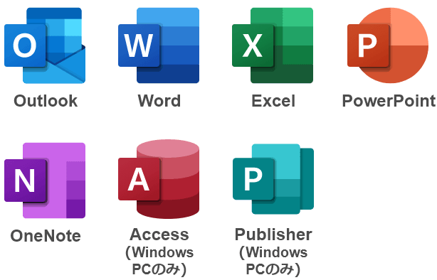 Outlook、Word、Excel、PowerPoint、OneNote、Access（Windows PCのみ）、Publisher（Windows PCのみ）